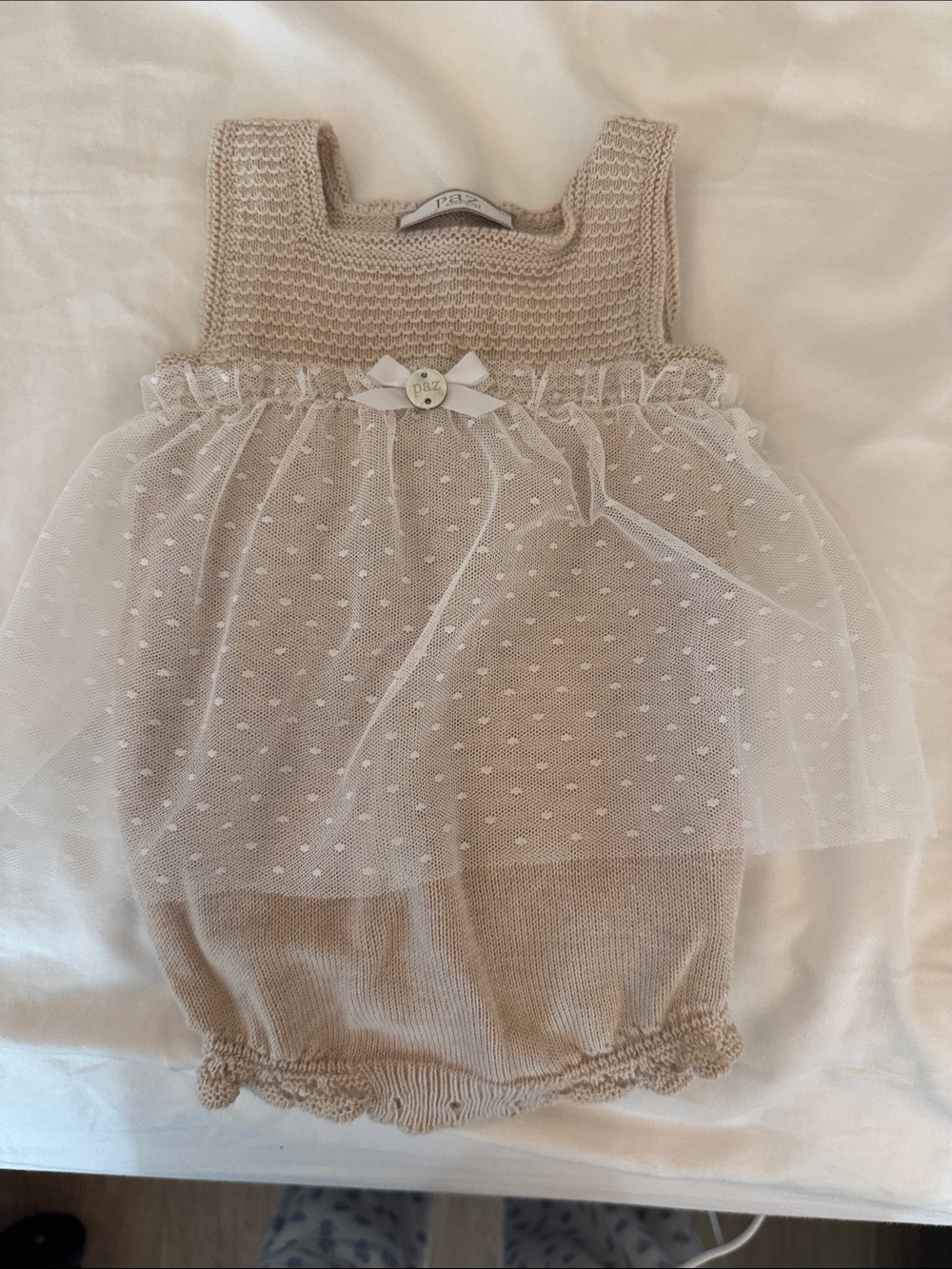 Paz Rodriguez Beige Tulle Baby Romper
